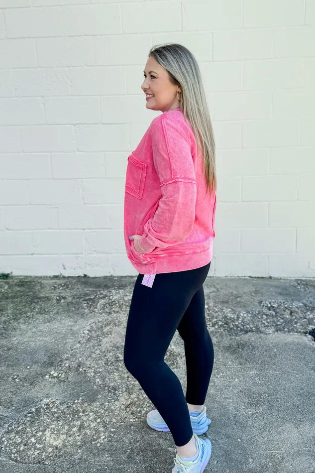 Earrings Chelsea Acid Wash Pullover Pocket Sweatshirt Fuchsia Zenana
