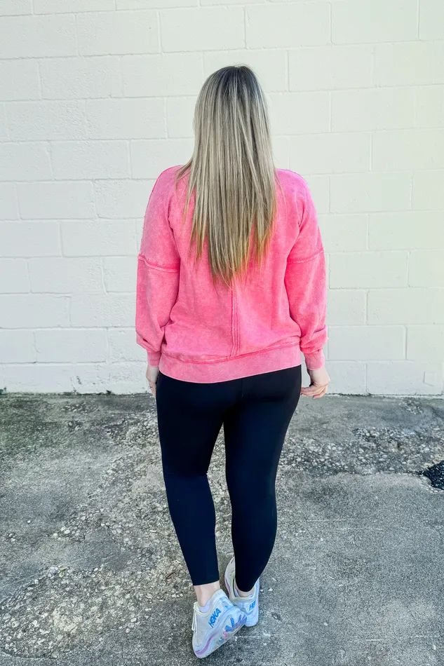 Earrings Chelsea Acid Wash Pullover Pocket Sweatshirt Fuchsia Zenana