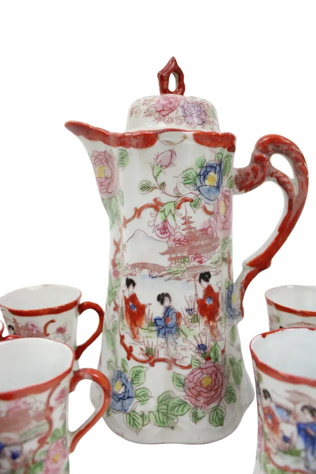 Earrings Jubilee Thrift Vintage Red Painted Japanese Tea Cocoa Pot Set Set Of 16