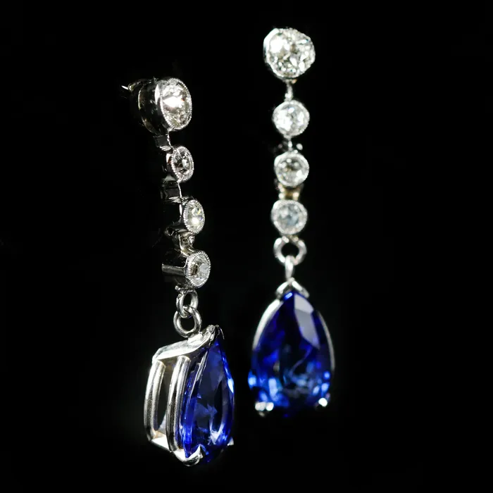 Earrings OTC Estate Platinum 300 CTW Sapphire and Diamond Dangle Earrings