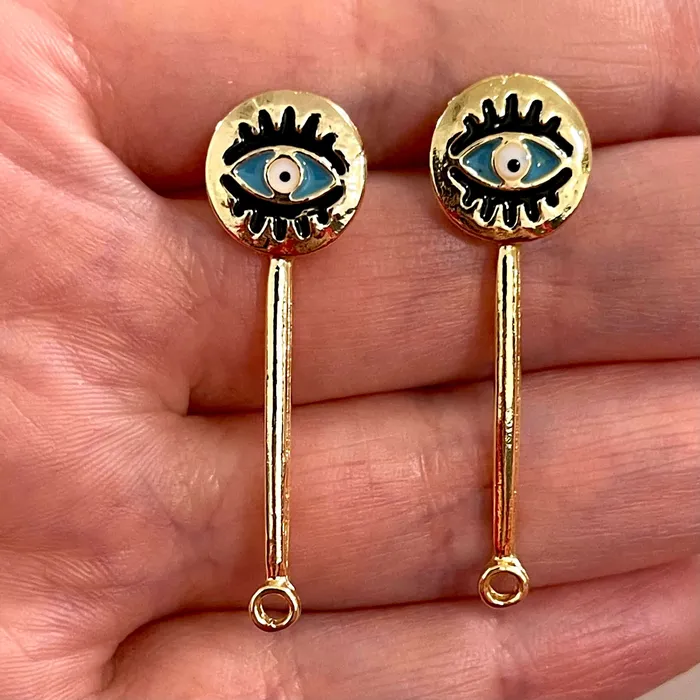 Earrings Peppy Beads 24Kt Gold Plated Brass Evil Earrings Pair of Gold Plated Brass Turquoise Enamelled Earring with Rubber Backs