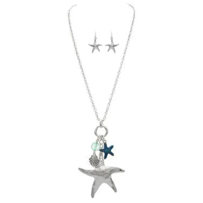 Earrings RAINJEWELRY Silver Starfish Dangle Charm Necklace and Earrings Set