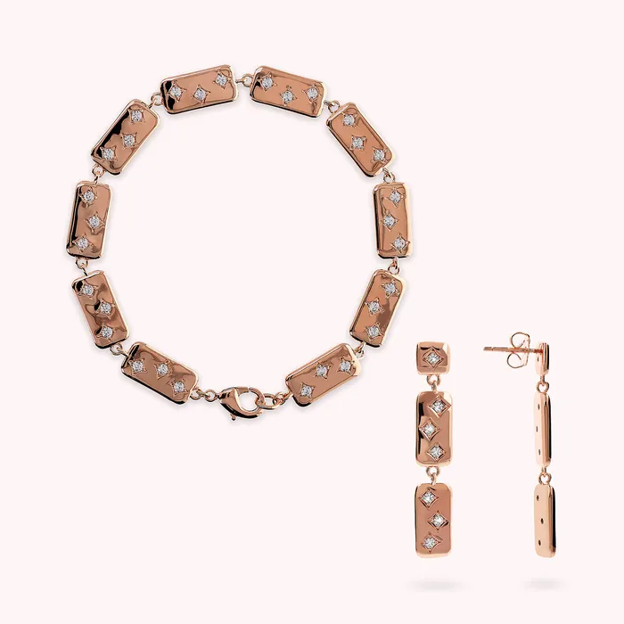 Earrings Set Bracciale e Orecchini Pendenti con Elementi Rettangolari e Cubic Zirconia Bianche Bronzallure