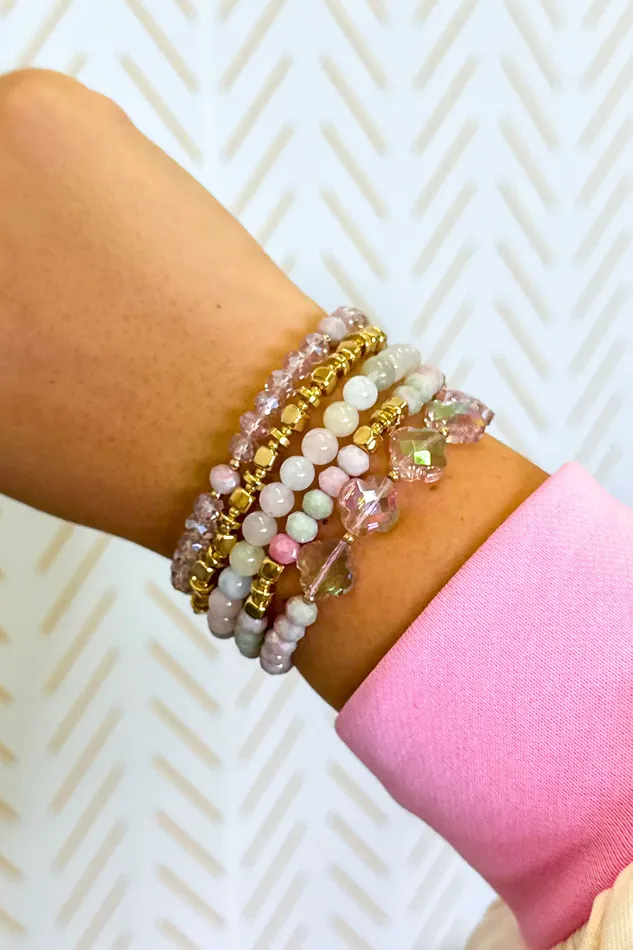 Earrings Set of Five Natural Stone Beaded Stretch Bracelets ft Faceted Glass Crystal Clovers Judson