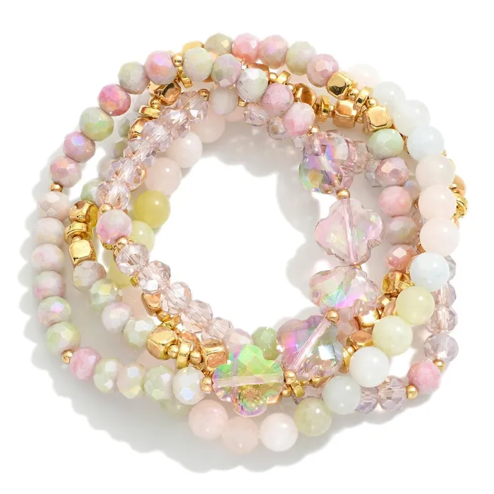 Earrings Set of Five Natural Stone Beaded Stretch Bracelets ft Faceted Glass Crystal Clovers Judson