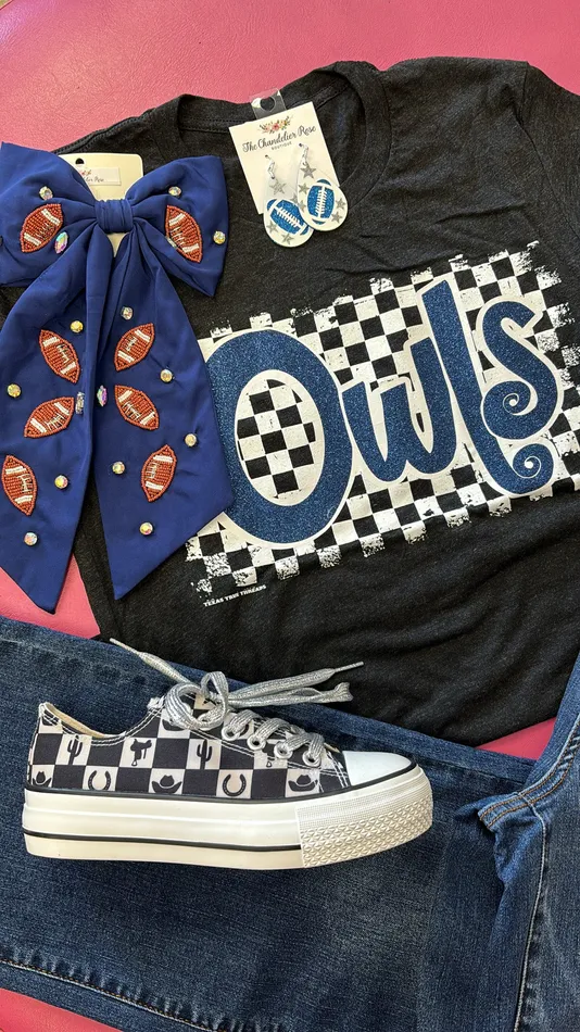 Earrings TEXAS TRUE THREADS CHECKERED MASCOT OWLS TEE NAVY GLITTER