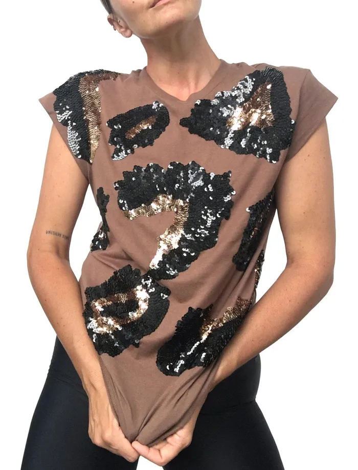 Erika Pea Earrings Alexia Sequin Leopard Beaded TeeShirt
