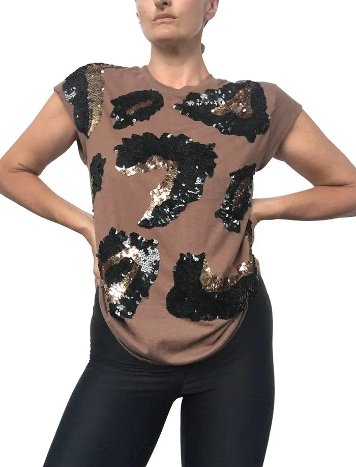 Erika Pea Earrings Alexia Sequin Leopard Beaded TeeShirt