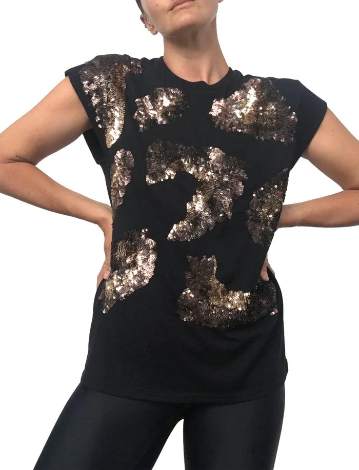 Erika Pea Earrings Alexia Sequin Leopard Beaded TeeShirt