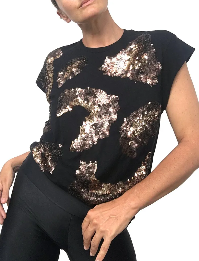 Erika Pea Earrings Alexia Sequin Leopard Beaded TeeShirt