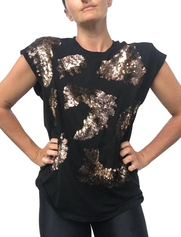 Erika Pea Earrings Alexia Sequin Leopard Beaded TeeShirt