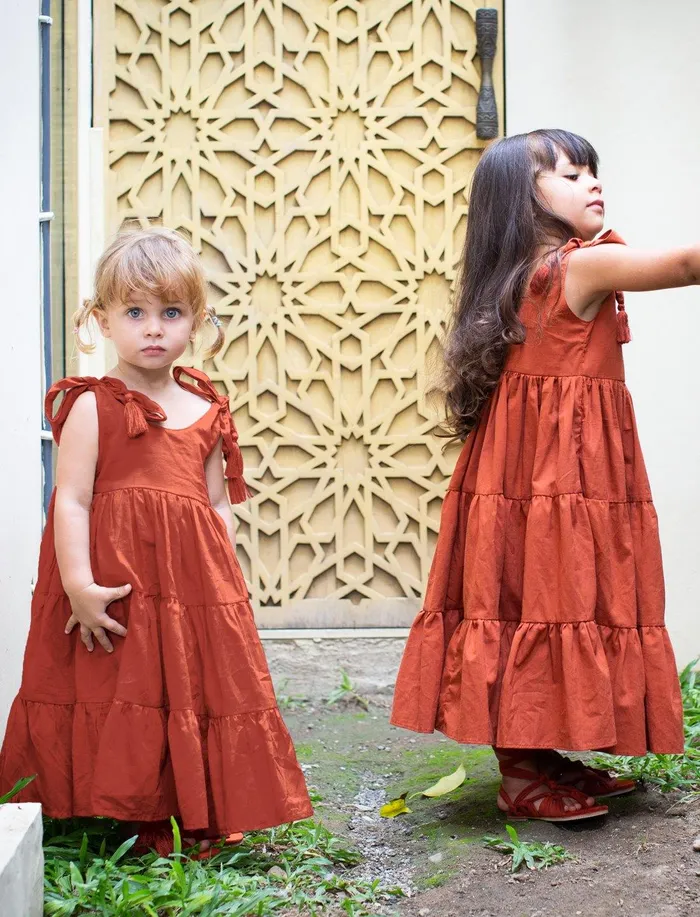 Erika Pea Necklaces Carmencita Tassel Straps Tie Tiered Singlet Little Girl Dress Erika Pea Necklaces Carmencita Tassel Straps Tie Tiered Singlet Little Girl Dress