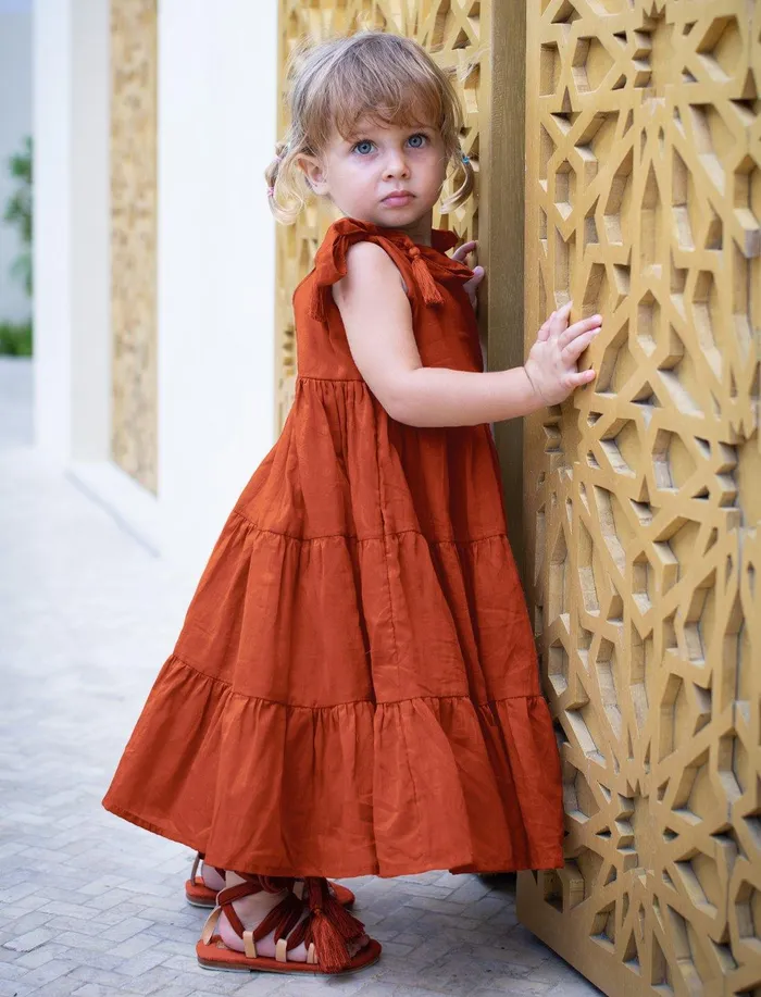 Erika Pea Necklaces Carmencita Tassel Straps Tie Tiered Singlet Little Girl Dress Erika Pea Necklaces Carmencita Tassel Straps Tie Tiered Singlet Little Girl Dress