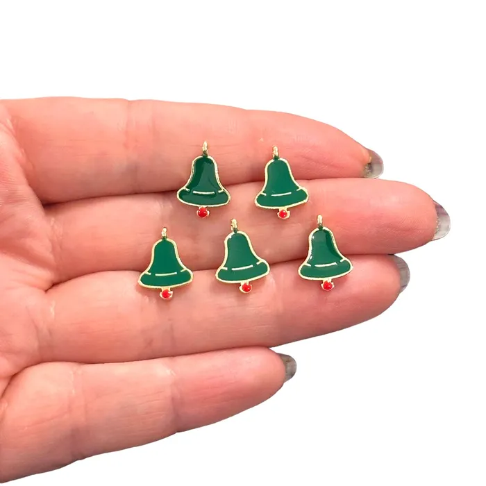 Green Christmas Bell Charms 24Kt Gold Plated Green Enamelled Xmas Bell Charms 5 pcs in a pack Peppy Beads Earrings Green Christmas Bell Charms 24Kt Gold Plated Green Enamelled Xmas Bell Charms 5 pcs in a pack Peppy Beads Earrings