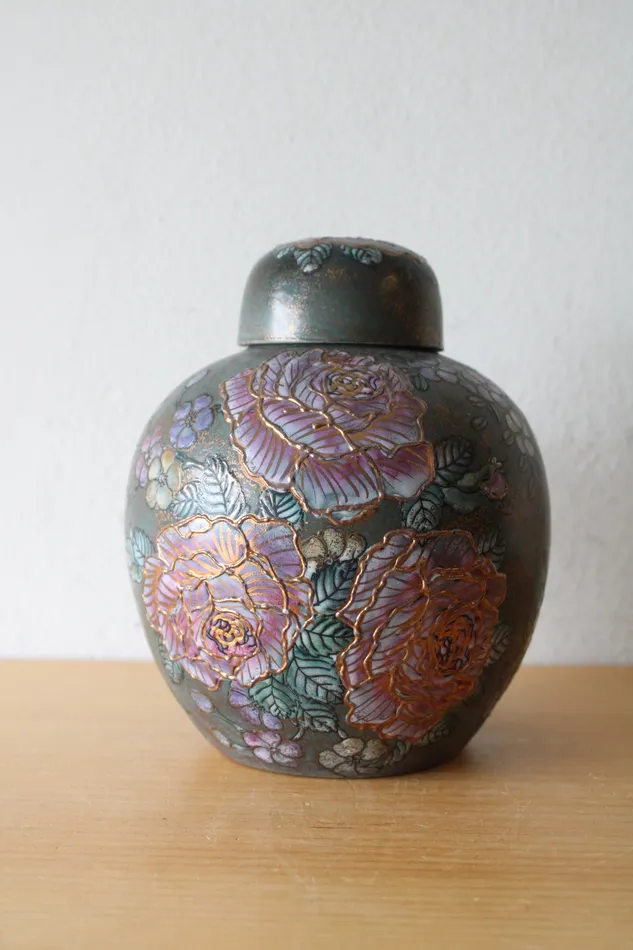 Green Purple Raised Floral Asian Style Porcelain Urn Jubilee Thrift Earrings Green Purple Raised Floral Asian Style Porcelain Urn Jubilee Thrift Earrings