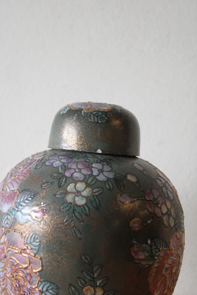 Green Purple Raised Floral Asian Style Porcelain Urn Jubilee Thrift Earrings