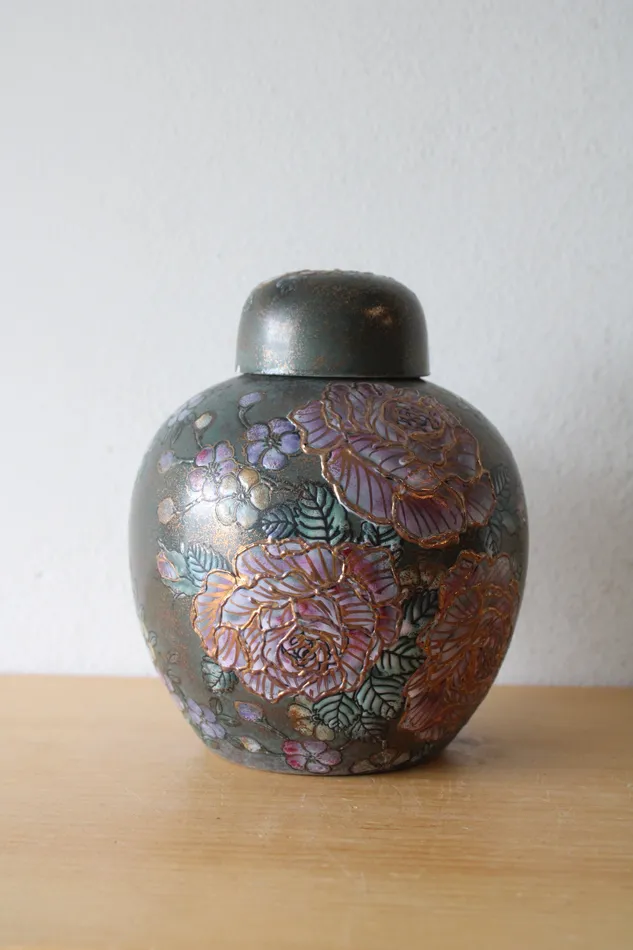 Green Purple Raised Floral Asian Style Porcelain Urn Jubilee Thrift Earrings