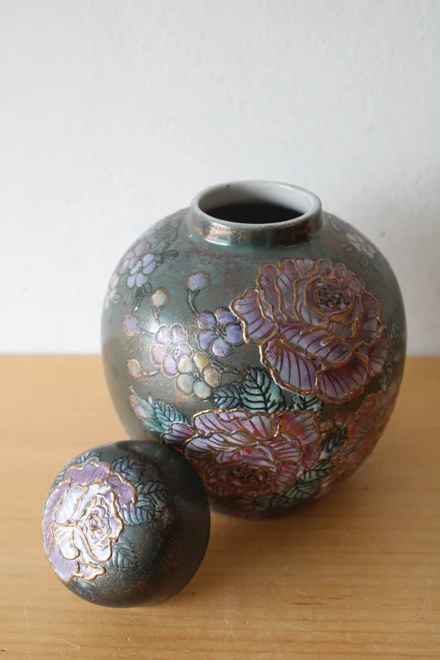 Green Purple Raised Floral Asian Style Porcelain Urn Jubilee Thrift Earrings
