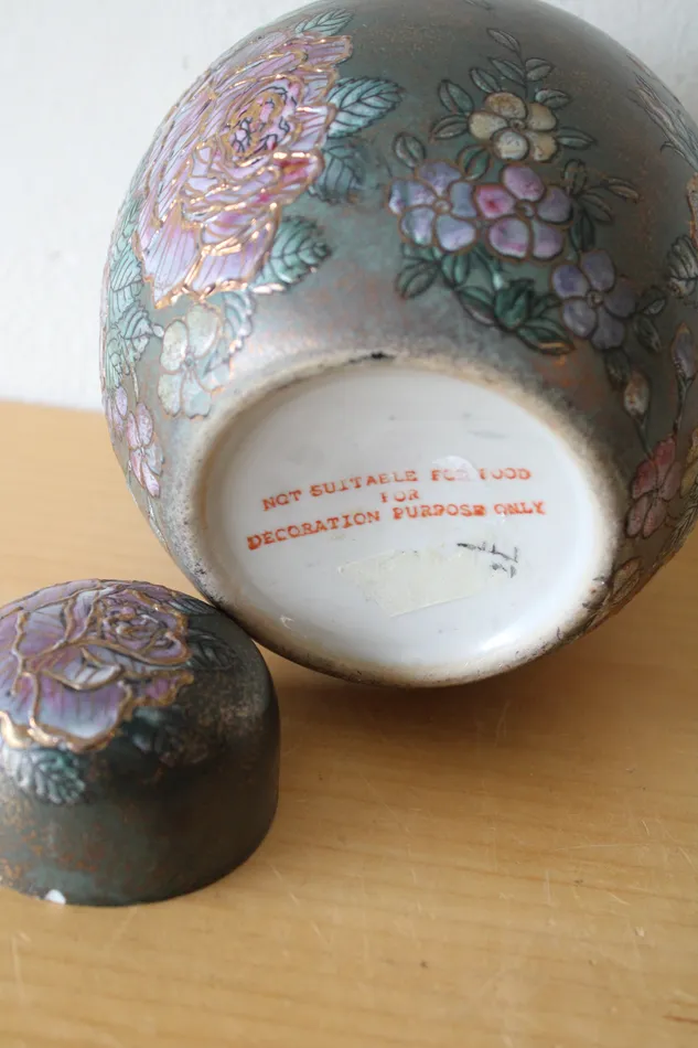 Green Purple Raised Floral Asian Style Porcelain Urn Jubilee Thrift Earrings