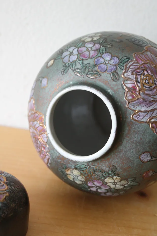 Green Purple Raised Floral Asian Style Porcelain Urn Jubilee Thrift Earrings