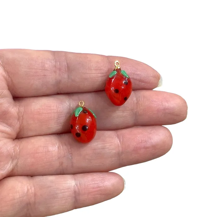 Hand Made Murano Glass Strawberry Charms With 24Kt Gold Plated Pin 2 pcs in a pack Peppy Beads Earrings Hand Made Murano Glass Strawberry Charms With 24Kt Gold Plated Pin 2 pcs in a pack Peppy Beads Earrings