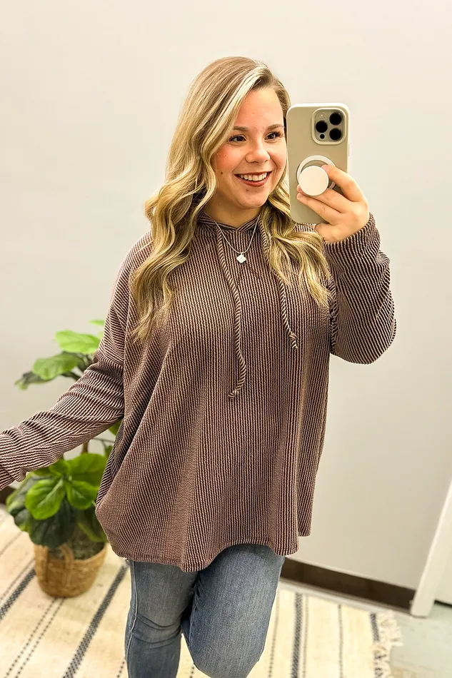 Heimish Earrings Sweet Gesture Ribbed Hoodie Top Brown