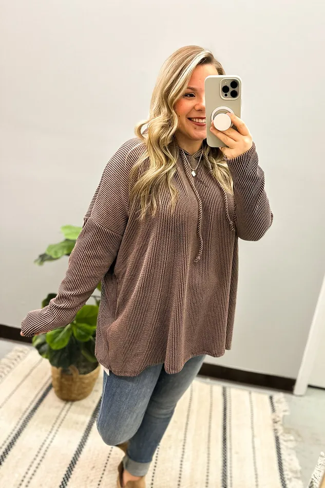 Heimish Earrings Sweet Gesture Ribbed Hoodie Top Brown