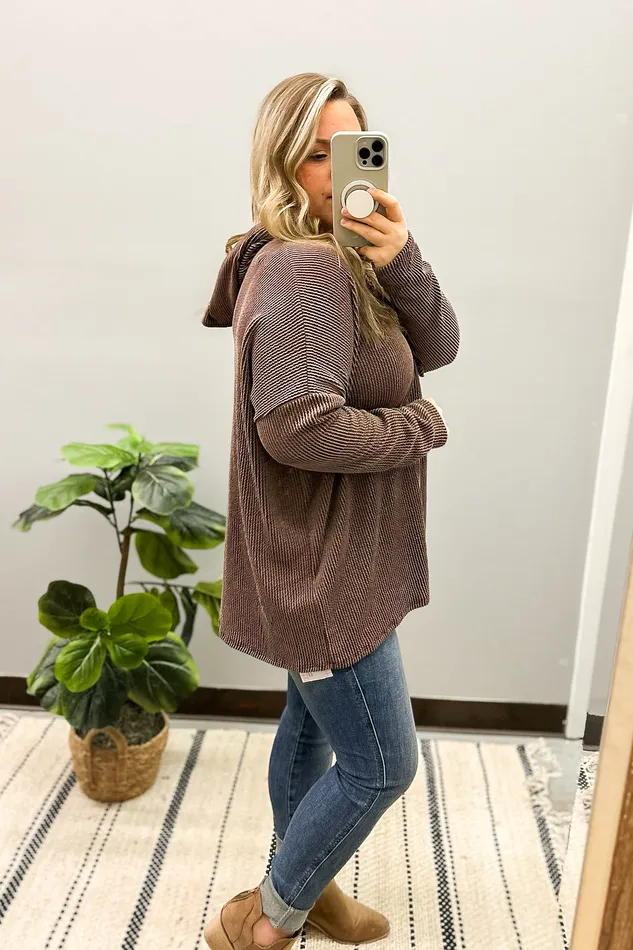 Heimish Earrings Sweet Gesture Ribbed Hoodie Top Brown