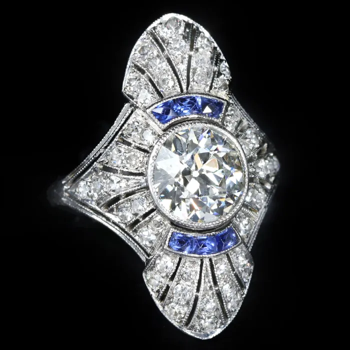 Heirloom Jewelers Rings Art Deco 160 Carat Old European Cut Diamond and Sapphire Ring Heirloom Jewelers Rings Art Deco 160 Carat Old European Cut Diamond and Sapphire Ring