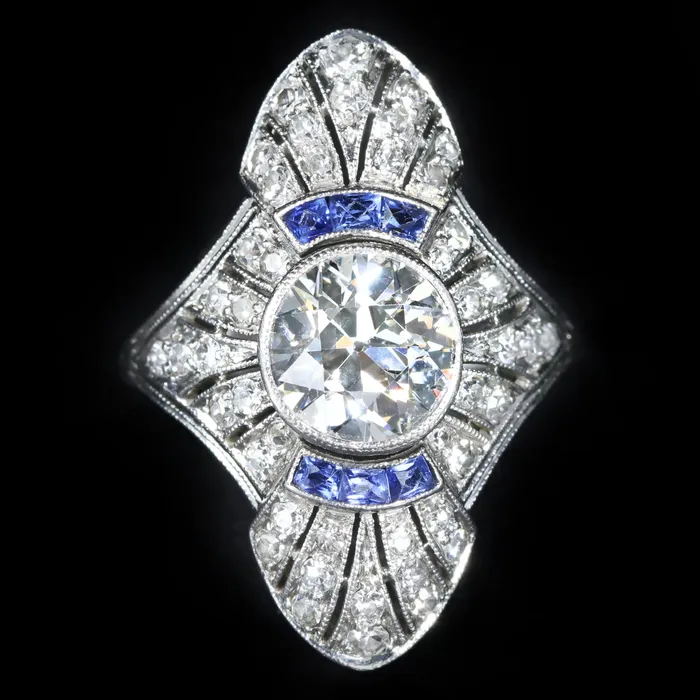 Heirloom Jewelers Rings Art Deco 160 Carat Old European Cut Diamond and Sapphire Ring
