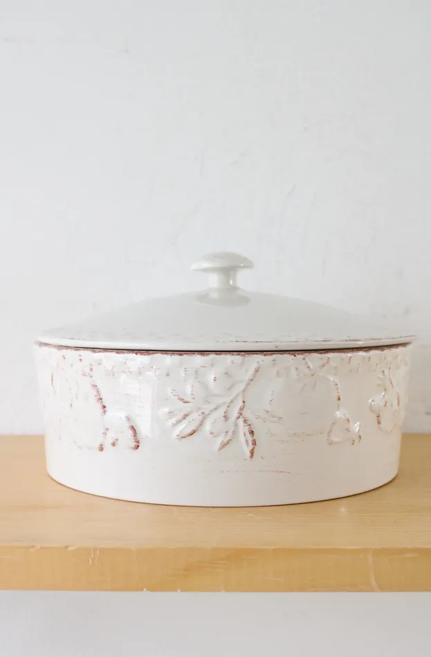 Home Grown Earrings Home Grown Signature Riviera Van Beers Stoneware Beige Fruit Embossed Lidded Dish