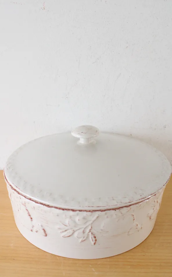 Home Grown Earrings Home Grown Signature Riviera Van Beers Stoneware Beige Fruit Embossed Lidded Dish