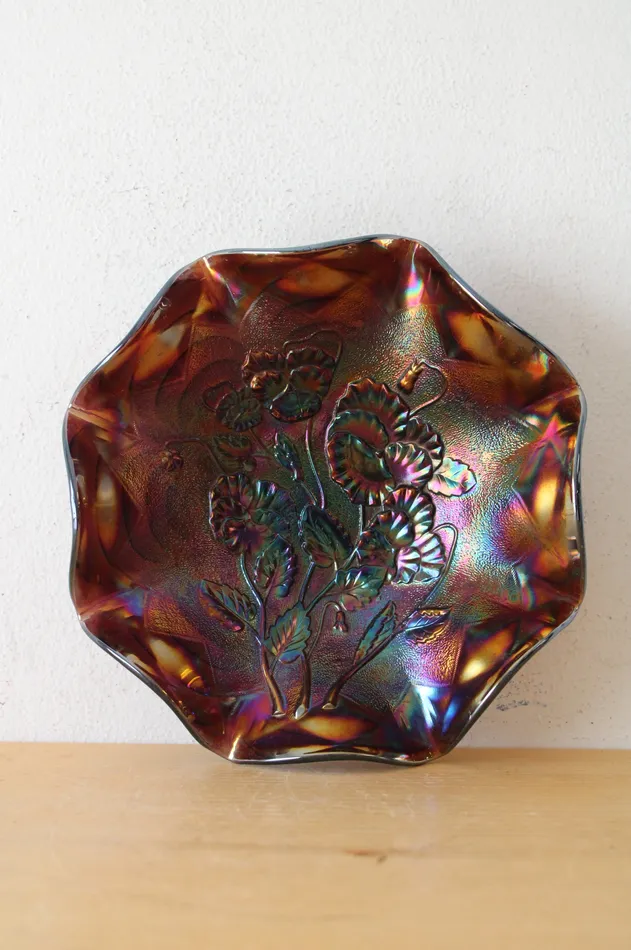 Imperial Carnival Glass Oil Slick Pansy Floral Ruffle Plate 85 Jubilee Thrift Rings Imperial Carnival Glass Oil Slick Pansy Floral Ruffle Plate 85 Jubilee Thrift Rings