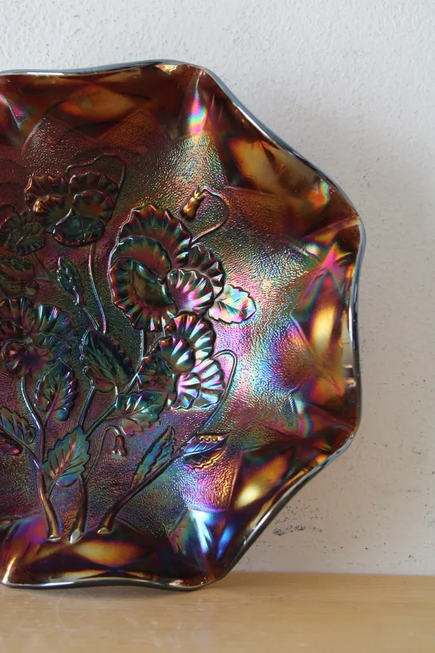 Imperial Carnival Glass Oil Slick Pansy Floral Ruffle Plate 85 Jubilee Thrift Rings
