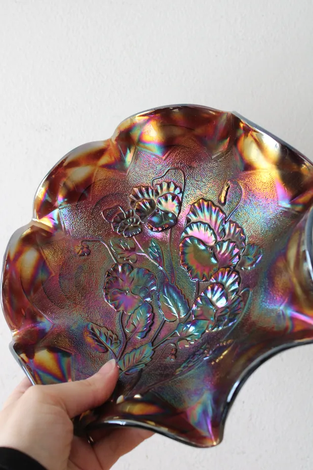 Imperial Carnival Glass Oil Slick Pansy Floral Ruffle Plate 85 Jubilee Thrift Rings