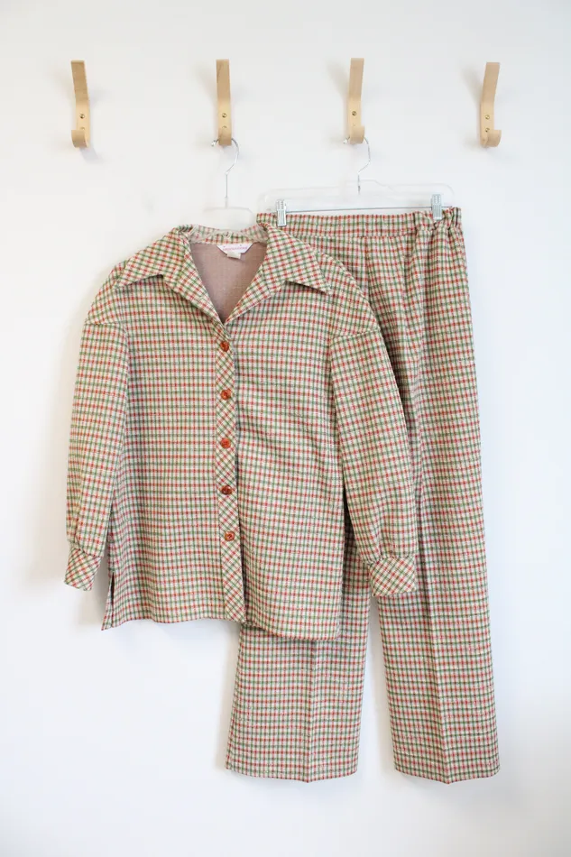 Impressions Vintage Green Orange Plaid 2Piece Pant Suit Set 1718 Impressions Earrings