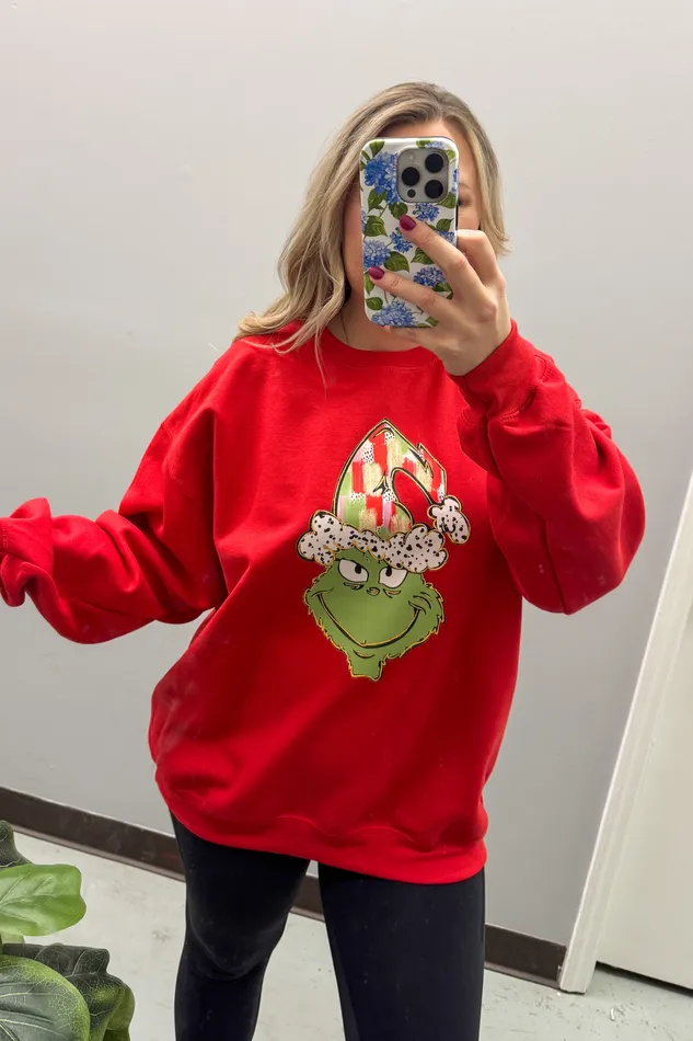 JL Franklins Earrings Green Man Crewneck Sweatshirt Red