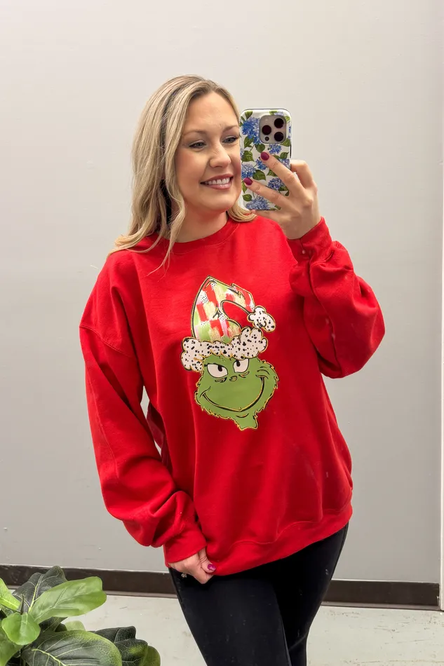 JL Franklins Earrings Green Man Crewneck Sweatshirt Red