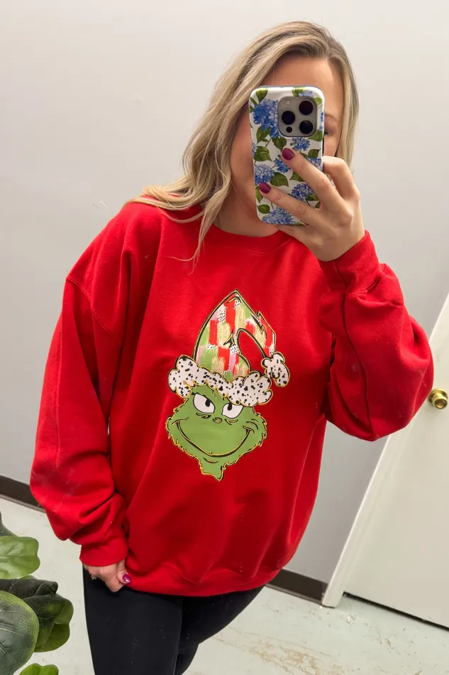 JL Franklins Earrings Green Man Crewneck Sweatshirt Red