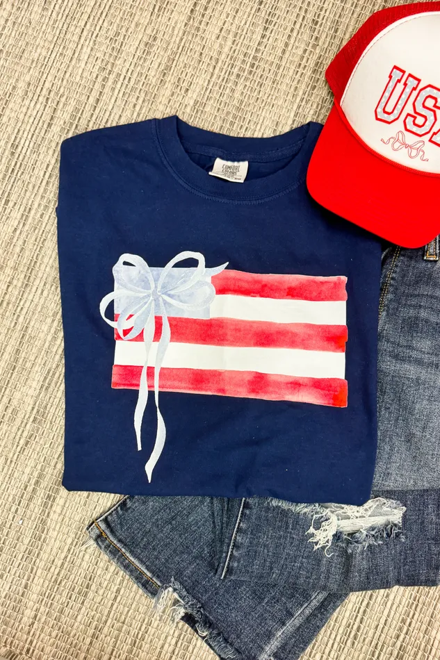 JL Franklins Rings Watercolor USA Bow Flag Graphic Tee True Navy