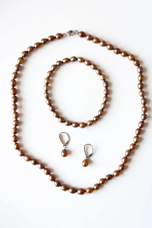 Jubilee Thrift Bracelets Bronze Brown Genuine Pearl Beaded Necklace Bracelet ClipOn Earrings Set