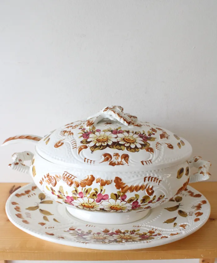 Jubilee Thrift Earrings Vintage Italy Made Hand Painted Floral Leaves Soup Tureen Tray Jubilee Thrift Earrings Vintage Italy Made Hand Painted Floral Leaves Soup Tureen Tray