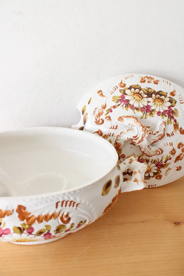 Jubilee Thrift Earrings Vintage Italy Made Hand Painted Floral Leaves Soup Tureen Tray