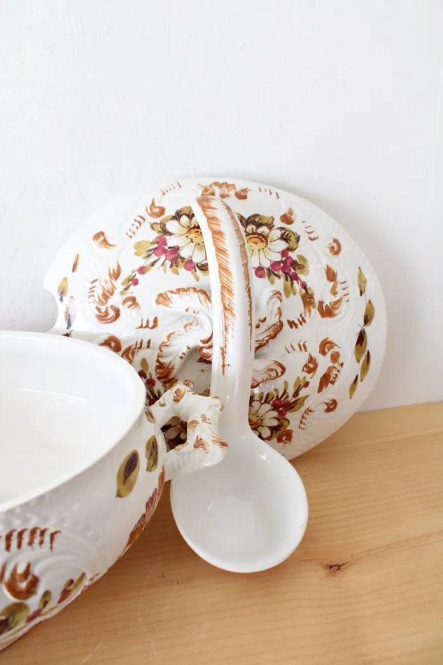 Jubilee Thrift Earrings Vintage Italy Made Hand Painted Floral Leaves Soup Tureen Tray