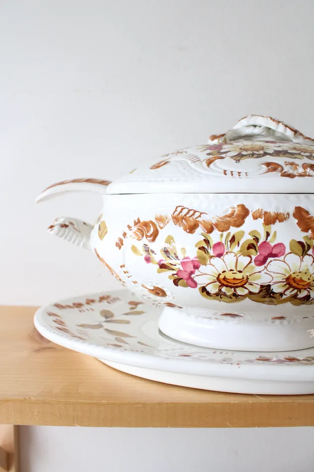 Jubilee Thrift Earrings Vintage Italy Made Hand Painted Floral Leaves Soup Tureen Tray