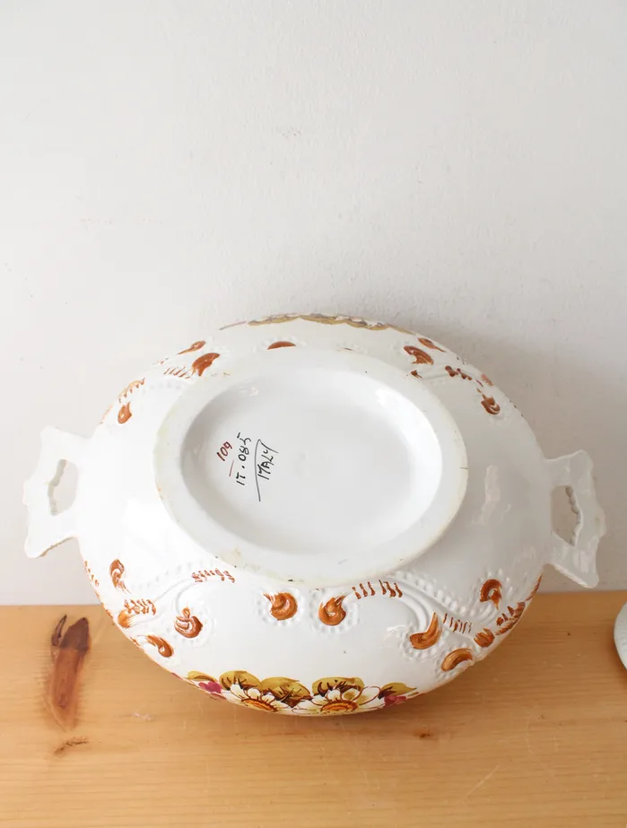 Jubilee Thrift Earrings Vintage Italy Made Hand Painted Floral Leaves Soup Tureen Tray