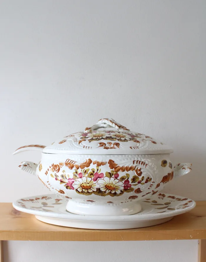 Jubilee Thrift Earrings Vintage Italy Made Hand Painted Floral Leaves Soup Tureen Tray