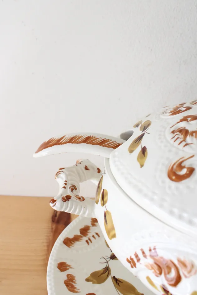 Jubilee Thrift Earrings Vintage Italy Made Hand Painted Floral Leaves Soup Tureen Tray