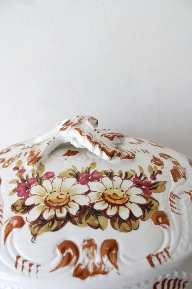 Jubilee Thrift Earrings Vintage Italy Made Hand Painted Floral Leaves Soup Tureen Tray