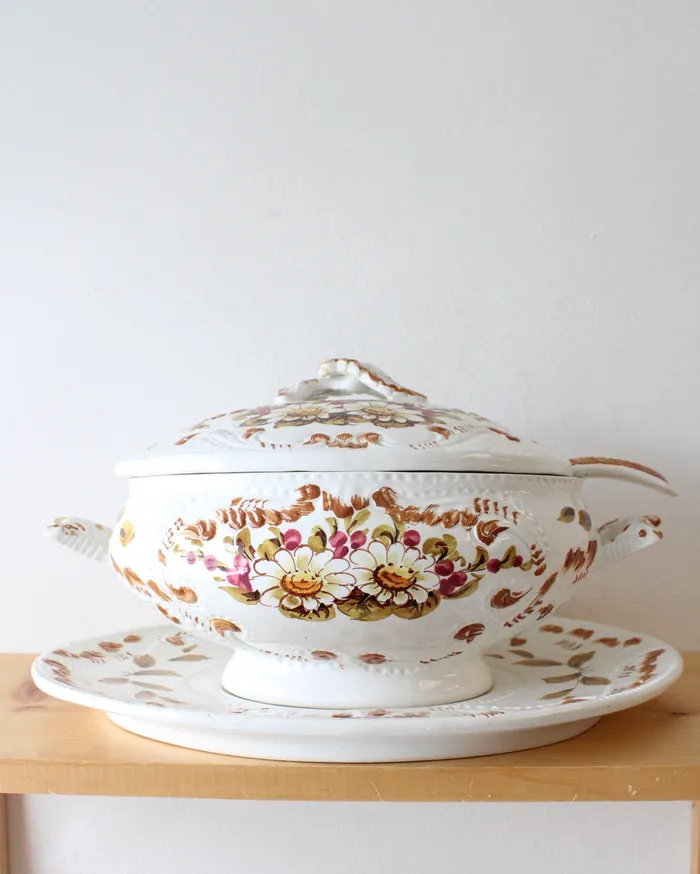 Jubilee Thrift Earrings Vintage Italy Made Hand Painted Floral Leaves Soup Tureen Tray